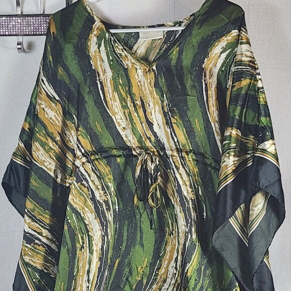 Bobbie Brooks Vtg Green Black Gold Abstract Stripe Cinch Waist Poly Kaftan OSFM - Picture 2 of 16